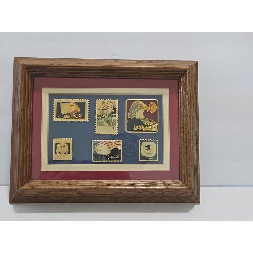 Vintage U.S. Postal Service Framed Stamp 6 Gold Enamel Pin Set Catch The Spirit